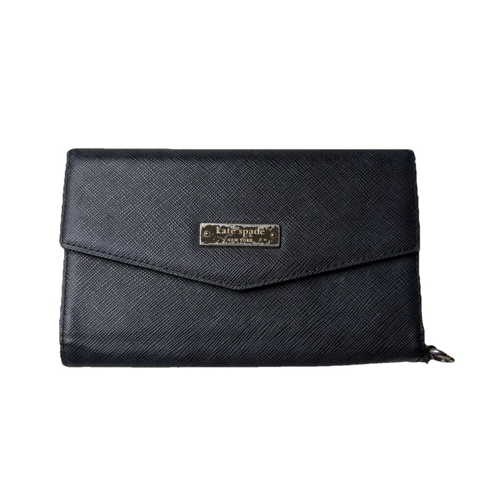 Kate Spade Deep Trifold Wallet / Wristlet Black Leather With Phone Holder